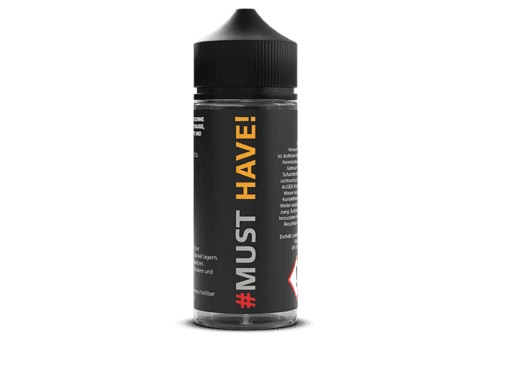 Schwarz-braune Flasche mit schwarzem Deckel, #MUST HAVE! Schriftzug auf Etikett, E-Liquid für E-Zigaretten, Liquid mit Geschmack, Vape-Zubehör.