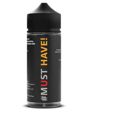 Aromenflasche mit schwarzem Etikett, #MUST HAVE! Schriftzug in orange, grau und rot, modernes Design, ideal für den Vape-Shop LETZ Go.