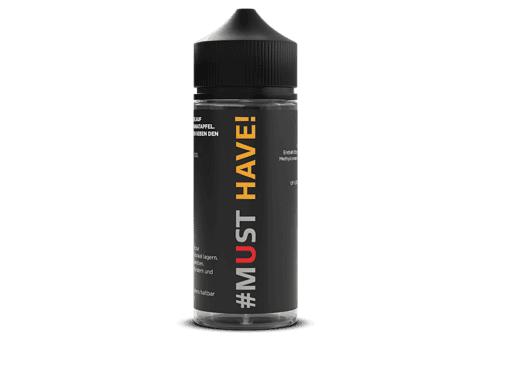 Aromenflasche mit schwarzem Etikett, #MUST HAVE! Schriftzug in orange, grau und rot, modernes Design, ideal für den Vape-Shop LETZ Go.