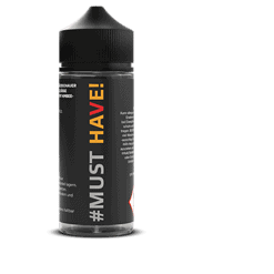 Vape Flasche mit schwarzem Etikett und buntem Text, ideal für E-Zigaretten.