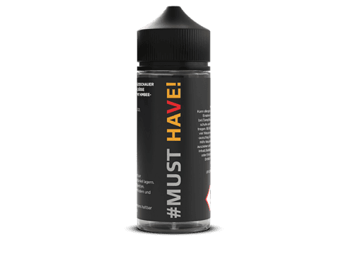 Vape Flasche mit schwarzem Etikett und buntem Text, ideal für E-Zigaretten.