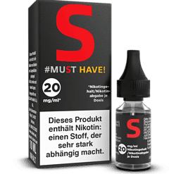 S-Logo Nikotingehalt 20 mg/ml, Vape-Flüssigkeit für E-Zigaretten, nikotinhaltige E-Liquid-Flasche mit Dosierungsangabe, effektives Nikotinprodukt für dampfen, hochwertiges E-Liquid für intensive Wirkung.