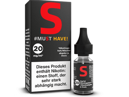 S-Logo Nikotingehalt 20 mg/ml, Vape-Flüssigkeit für E-Zigaretten, nikotinhaltige E-Liquid-Flasche mit Dosierungsangabe, effektives Nikotinprodukt für dampfen, hochwertiges E-Liquid für intensive Wirkung.
