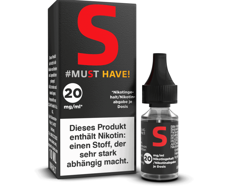 Must Have S Nikotinsalz Liquid 1 S-Logo Nikotingehalt 20 mg/ml, Vape-Flüssigkeit für E-Zigaretten, nikotinhaltige E-Liquid-Flasche mit Dosierungsangabe, effektives Nikotinprodukt für dampfen, hochwertiges E-Liquid für intensive Wirkung.