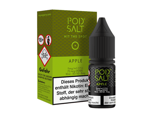 Pod Salt Apple 10ml E-Liquid für E-Zigaretten und Vape, nikotinhaltig mit 11mg/ml, ideal für Fruchtgeschmack Fans, in biologischer Verpackung, einfache Handhabung, perfekt für ein erfrischendes Dampferlebnis.