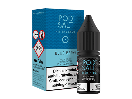Vape-Produktbild, blauer Karton und E-Liquid-Flasche für Dampfer, Produktdetails auf der Verpackung sichtbar.