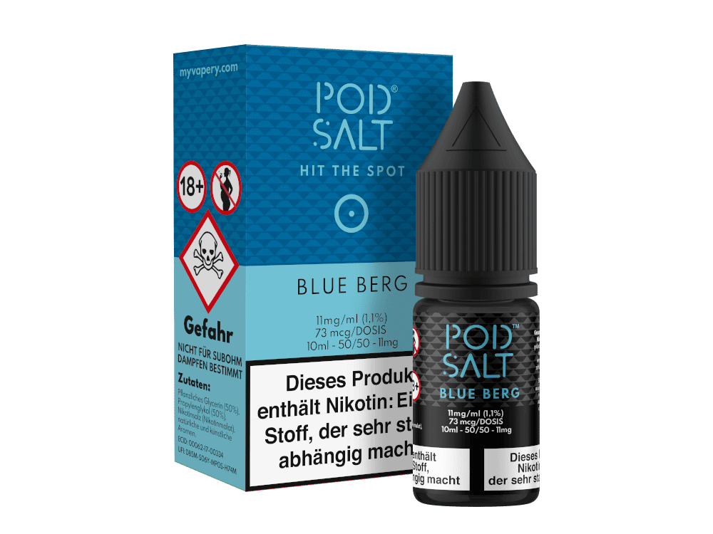 Pod Salt - Blue Berg - Nikotinsalz Liquid 1 Vape-Produktbild, blauer Karton und E-Liquid-Flasche für Dampfer, Produktdetails auf der Verpackung sichtbar.