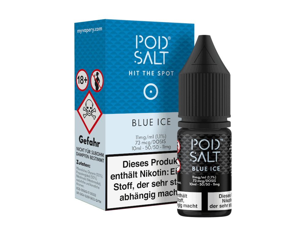 Pod Salt - Blue Ice - Nikotinsalz Liquid 1 POID SALT Blue Ice Nikotinsalz, 10ml, 11mg/ml, perfekt für E-Zigaretten, mit Warnhinweis auf Verpackung, kurzer Artikelbeschreibung, für Dampfer geeignet, Geschmacksrichtung Blue Ice, hochwertige Herstellung, vorrätig bei LETZ Go.