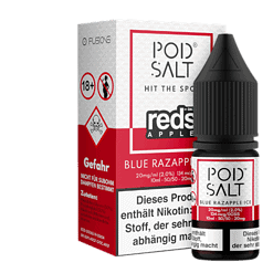 Abbildung eines Liquids in Flasche und Verpackung, blauer Razappel-Geschmack, mit Warnhinweisen und Inhaltsangaben, für E-Zigaretten.