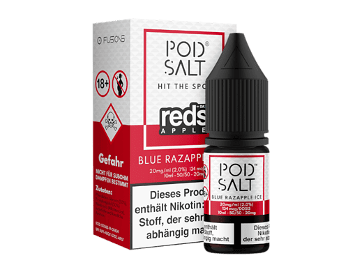 Abbildung eines Liquids in Flasche und Verpackung, blauer Razappel-Geschmack, mit Warnhinweisen und Inhaltsangaben, für E-Zigaretten.