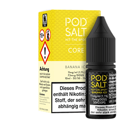 Pod Salt Banane Ice E-Liquid Flasche auf weißem Hintergrund, für e-Zigaretten geeignet.