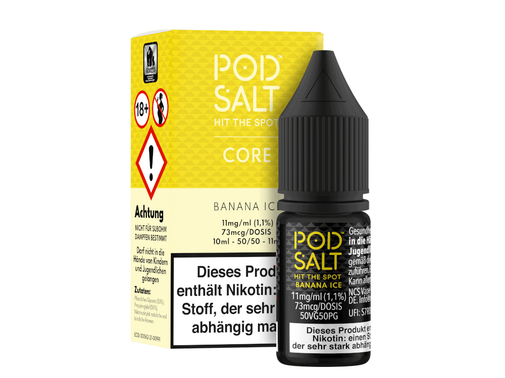Pod Salt Core - Banana Ice - Nikotinsalz Liquid 1 Pod Salt Banane Ice E-Liquid Flasche auf weißem Hintergrund, für e-Zigaretten geeignet.