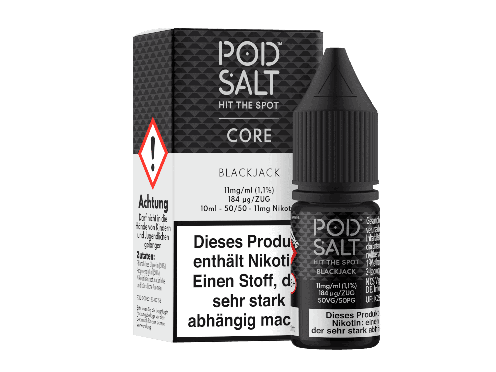 Pod Salt Core - Blackjack 1 Aubergine farbiger E-Liquid-Vape mit Nikotin für E-Zigaretten, in schwarzer Verpackung mit weißem Label und Warnhinweisen.