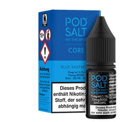 Achtung: Produktbild von Podsalt E-Liquid in blauer Himbeergeschmacksrichtung für E-Zigaretten, mit Warnhinweisen und Nikotingehalt.