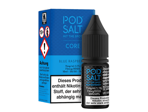 Achtung: Produktbild von Podsalt E-Liquid in blauer Himbeergeschmacksrichtung für E-Zigaretten, mit Warnhinweisen und Nikotingehalt.
