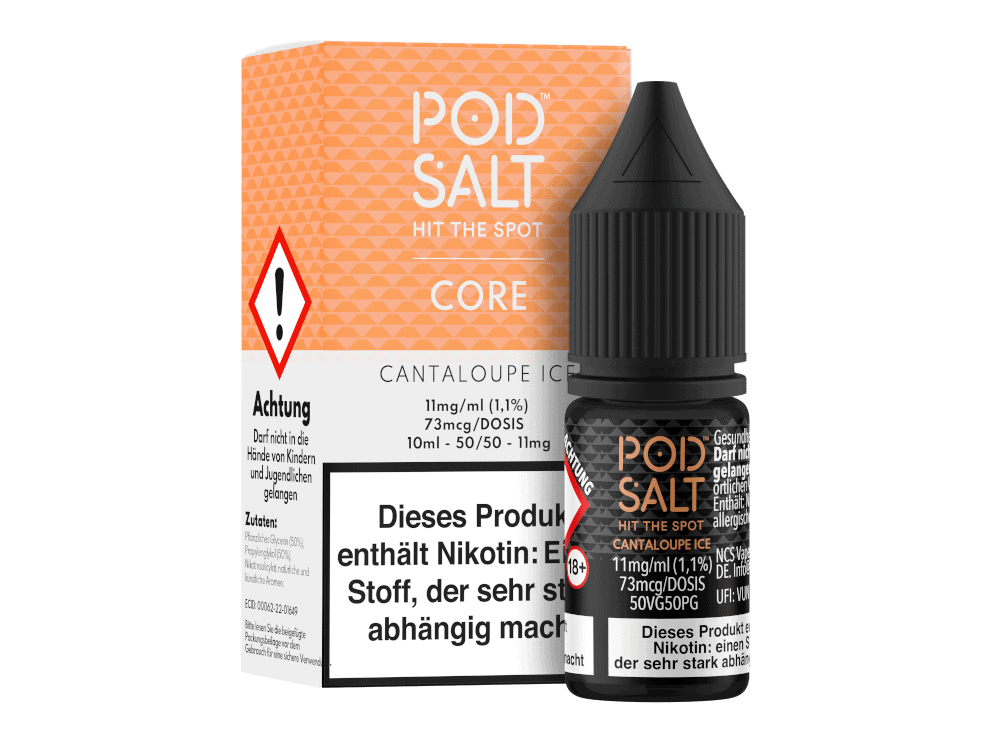 Pod Salt Core - Cantaloupe Ice - Nikotinsalz Liquid 1 Pod Salt Cantaloupe Ice Nikotinsalz Flasche mit Verpackung, 10 ml, 11 mg/ml, 1,1% Nikotin, für E-Zigaretten, intensiver Geschmack, aromatischer Cantaloupe Melone, geeignet für Dampfer.
