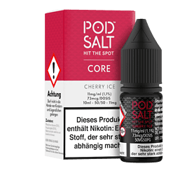 Pod Salt Cherry Ice E-Liquid Flasche und Verpackung, Nikotinstärke 1,1%, für subohm Dampfen, intensive Geschmacksmischung, 10ml Flasche, ideal für E-Zigaretten.