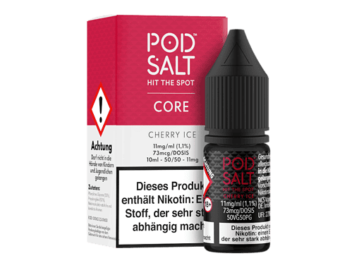 Pod Salt Cherry Ice E-Liquid Flasche und Verpackung, Nikotinstärke 1,1%, für subohm Dampfen, intensive Geschmacksmischung, 10ml Flasche, ideal für E-Zigaretten.