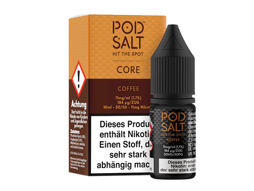 POD SALT Core Kaffee Nikotin Liquid im Fläschchen mit Verpackung, intensiver Geschmack, für E-Zigaretten, 10ml Flasche, Nikotingehalt 11 mg/ml, handsignierter E-Liquid.