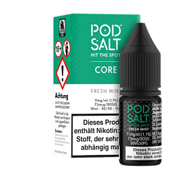 Pod Salt Hit the Spot Core FRESH MINT E-Liquid Flasche und Verpackung, Nikotinweiß, aromatischer Minzgeschmack, 11 mg/ml, 73 mcg/Dosis, für E-Zigaretten geeignet, in hochwertiger Verpackung.