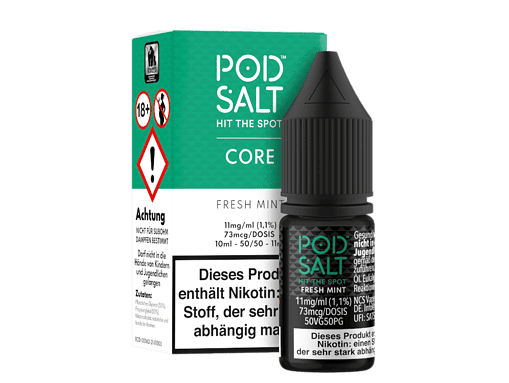 Pod Salt Hit the Spot Core FRESH MINT E-Liquid Flasche und Verpackung, Nikotinweiß, aromatischer Minzgeschmack, 11 mg/ml, 73 mcg/Dosis, für E-Zigaretten geeignet, in hochwertiger Verpackung.