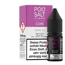Pod Salt Core Grape Ice E-Liquid Flasche und Verpackung, VG 1.1%, 10ml, für Vape, belebender Traubengeschmack mit Minznoten, ideal für Dampfer, nikotinhaltig, ab 18 Jahren.