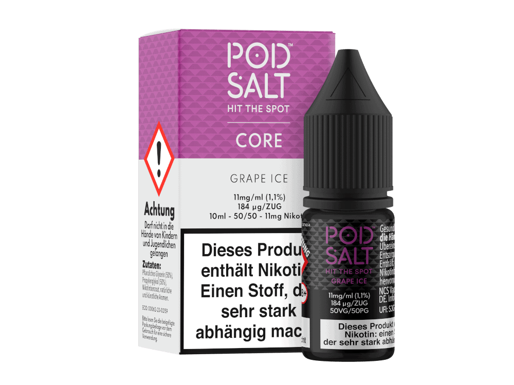 Pod Salt Core - Grape Ice 1 Pod Salt Core Grape Ice E-Liquid Flasche und Verpackung, VG 1.1%, 10ml, für Vape, belebender Traubengeschmack mit Minznoten, ideal für Dampfer, nikotinhaltig, ab 18 Jahren.