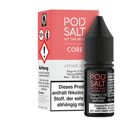 Pod Salt Lychee Ice E-Zigarette, 10 ml, nikotinhaltige E-Lösung mit lychee und minziger Note, für E-Zigaretten geeignet, ansprechendes Desgin, informationen zu Inhaltsstoffen und Warnhinweisen auf Verpackung.