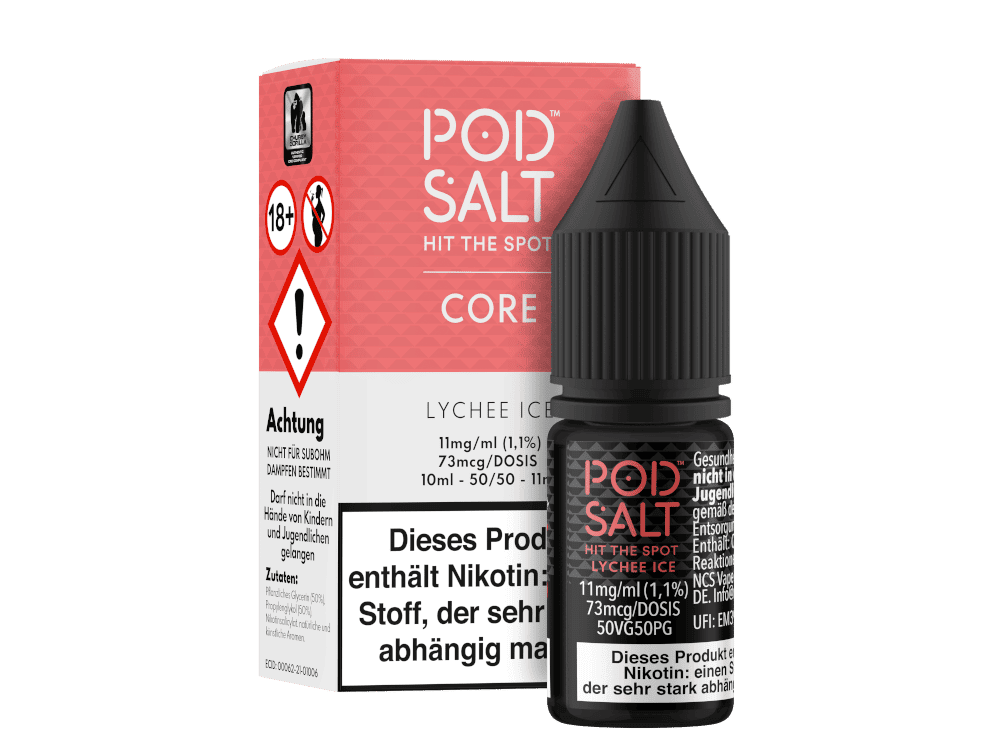 Pod Salt Core - Lychee Ice - Nikotinsalz Liquid 1 Pod Salt Lychee Ice E-Zigarette, 10 ml, nikotinhaltige E-Lösung mit lychee und minziger Note, für E-Zigaretten geeignet, ansprechendes Desgin, informationen zu Inhaltsstoffen und Warnhinweisen auf Verpackung.