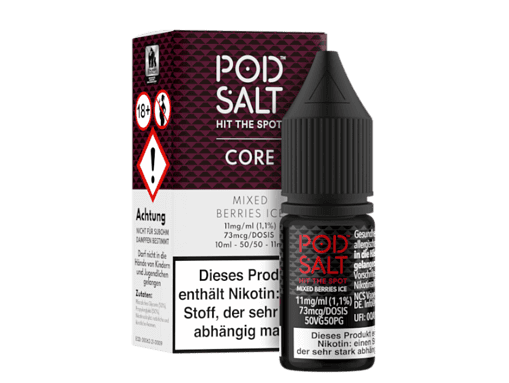 Pod Salt Hit the Spot Mixed Berries ICE Nikotinalternative in Flasche und Verpackung.