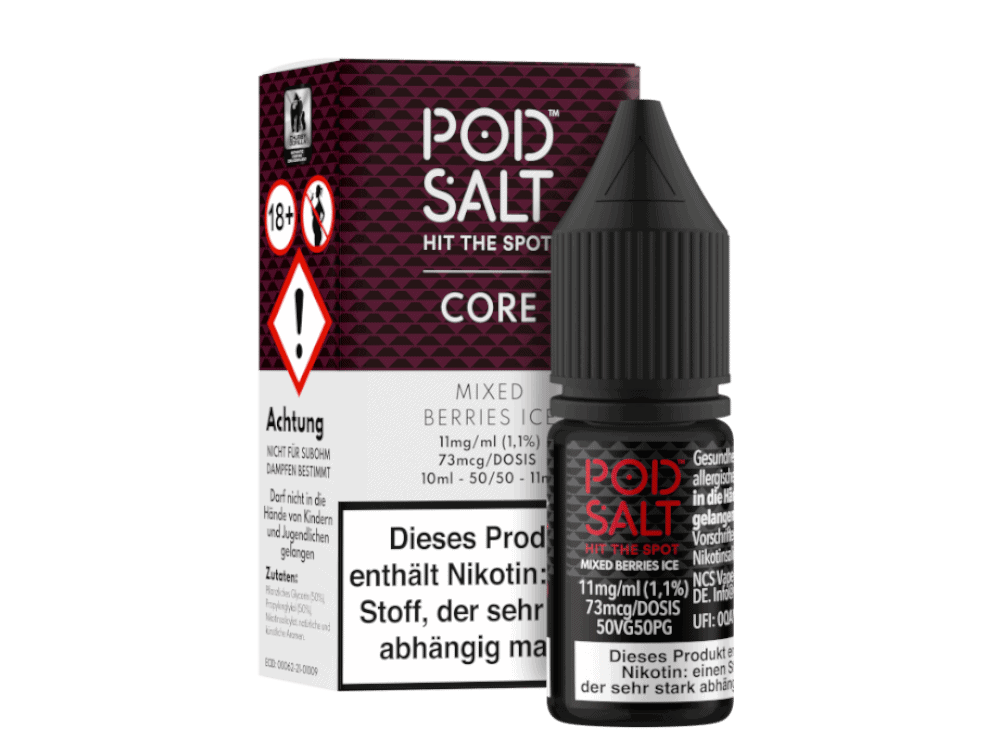 Pod Salt Core - Mixed Berries Ice - Nikotinsalz Liquid 1 Pod Salt Hit the Spot Mixed Berries ICE Nikotinalternative in Flasche und Verpackung.