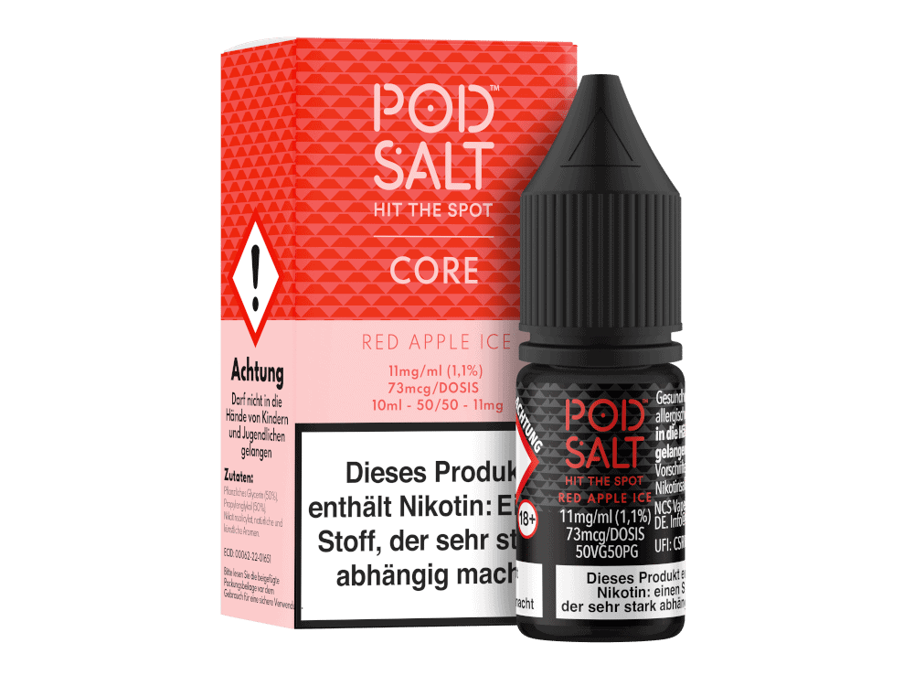 Pod Salt Core - Red Apple Ice - Nikotinsalz Liquid 1 Pod Salt Hit the Spot Core E-Liquid für E-Zigaretten, mit Nikotin, Geschmack Red Apple Ice, 10ml Flasche, 1,1% Nikotingehalt, passend für Dampfer, aromatisiert, hochwertiges E-Liquid, geeignet für Vaping.