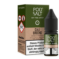 Pod Salt Amnesia Mango Liquidsflasche mit Nikotinsalz für E-Zigaretten, detailgetreue Produktaufnahme, handliche Verpackung mit grüner Etikettierung, perfekt für Vape-Enthusiasten.