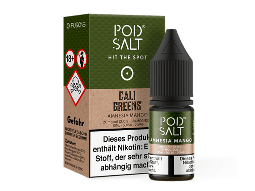 Pod Salt Amnesia Mango Liquidsflasche mit Nikotinsalz für E-Zigaretten, detailgetreue Produktaufnahme, handliche Verpackung mit grüner Etikettierung, perfekt für Vape-Enthusiasten.