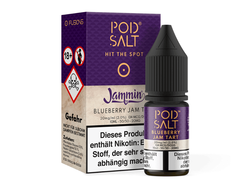 Pod Salt Fusion - Blueberry Jam Tart - Nikotinsalz Liquid 1 Pod Salt Blueberry Jam Tart Liquid Flasche im Set, aromatisch mit Heidelbeer-Geschmack, nikotinfrei, für E-Zigaretten, ideal für Dampfer.