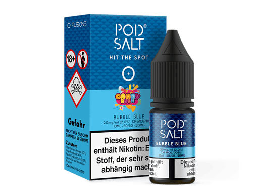 Bild von Dampfliquid für E-Zigaretten, Flasche und Verpackung im blauen Design mit "Bubble Blue" Aroma und Warnhinweisen in deutscher Sprache.