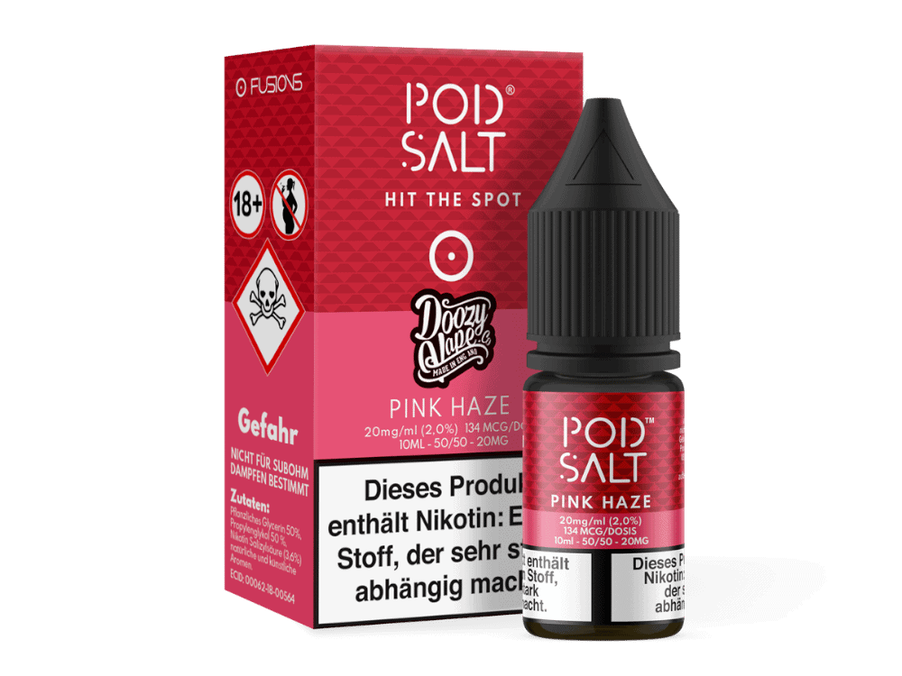 Pod Salt Fusion - Pink Haze - Nikotinsalz Liquid 1 Farbige E-Liquid Flasche mit pinkem Label und schwarzem Kindersicherheitstopf, geeignet für Vaping-Produkt, mit Warnhinweisen und Nikotingehalt.