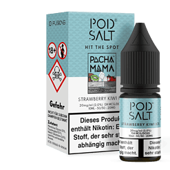 Flasche mit nikotinsalz-liquid für vape, Produktfoto mit Verpackung und Flasche, PET-Salzliquid in Geschmacksrichtung Erdbeer-Kiwi-Eis, hochwertige Darstellungsqualität, für Online-Vape-Shop, rezeptfrei, starkes Nikotin, 10ml.
