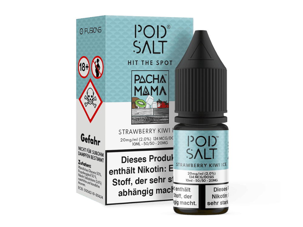 Pod Salt Fusion - Strawberry Kiwi Ice - Nikotinsalz Liquid 1 Flasche mit nikotinsalz-liquid für vape, Produktfoto mit Verpackung und Flasche, PET-Salzliquid in Geschmacksrichtung Erdbeer-Kiwi-Eis, hochwertige Darstellungsqualität, für Online-Vape-Shop, rezeptfrei, starkes Nikotin, 10ml.