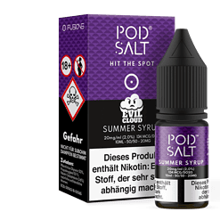 Pod Salt Summer Syrup E-Liquid, 10ml Flasche, Nikotinfrei, für Dampfer, sommerlicher Geschmack, kindersicherer Verschluss, stilvolles Schwarz und Lila Design, geeignet für E-Zigaretten.