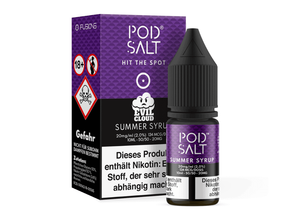 Pod Salt Fusion - Summer Syrup - Nikotinsalz Liquid 1 Pod Salt Summer Syrup E-Liquid, 10ml Flasche, Nikotinfrei, für Dampfer, sommerlicher Geschmack, kindersicherer Verschluss, stilvolles Schwarz und Lila Design, geeignet für E-Zigaretten.