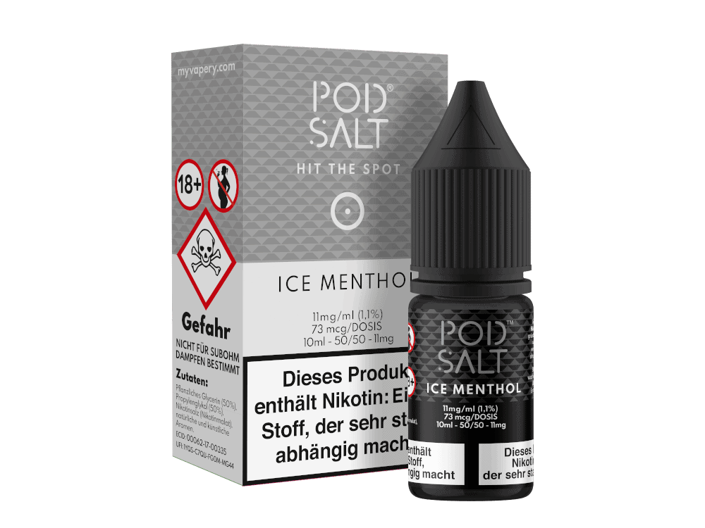 Pod Salt - Ice Menthol - Nikotinsalz Liquid 1 Pod Salt Ice Menthol E-Liquid für E-Zigaretten, 10ml Flasche, kühlendes Menthol-Aroma, Nikotinkonzentration 1,1%, für intensive Dampferlebnisse, in praktischer Pipettenflasche.