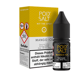 Kaum sichtbarer, dunkler E-Liquid-Vape mit Mango- und Eisgeschmack, in einer schwarzen Flasche neben einer bunten Verpackung.