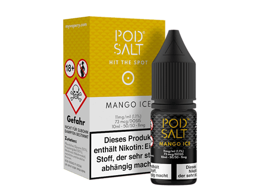 Kaum sichtbarer, dunkler E-Liquid-Vape mit Mango- und Eisgeschmack, in einer schwarzen Flasche neben einer bunten Verpackung.