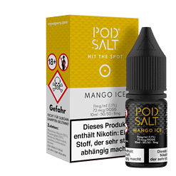 E-Zigarette mit MANGO ICE Geschmack und 11 mg/ml Nikotin, geeignet für Dampfer, in schwarzer Flasche mit gelbem Verpackungsdesign, leicht zu erkennen.