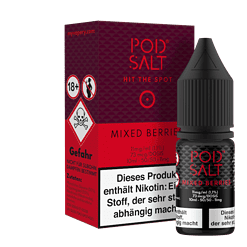 Verpackung des POD Salt Mixed Berries E-Liquids mit Black-Cap und rotem Design, ideal für Subohm-Dampfer, mit Warnhinweisen und Stückzahlangabe, 10ml Flasche, Nikotingehalt 50/50.