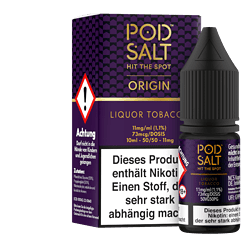 Pod Salt Liquor Tobacco: Nikotinhaltige E-Liquid Flasche im schwarzen Design, mit Verpackung im Hintergrund.