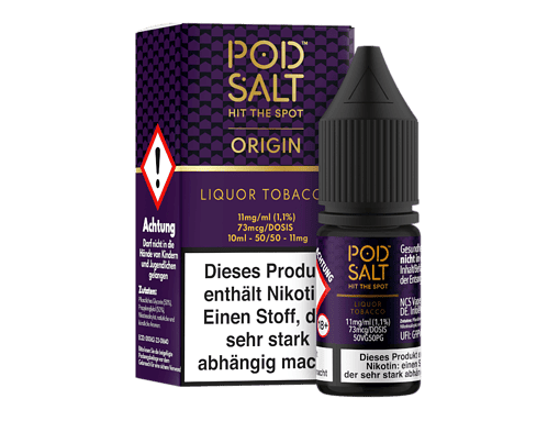 Pod Salt Liquor Tobacco: Nikotinhaltige E-Liquid Flasche im schwarzen Design, mit Verpackung im Hintergrund.