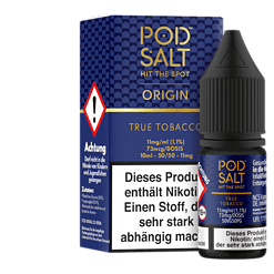 11mg/ml Pod Salt ORIGIN E-Liquid im Fläschchen mit Verpackung, Nikotinvorkommen und Warnhinweis, für erwachsene Dampfer, typische Vape-Dosis, kurzer Abstand, Produktdetail, hochwertige Qualität, Nikotinfrei Möglich.