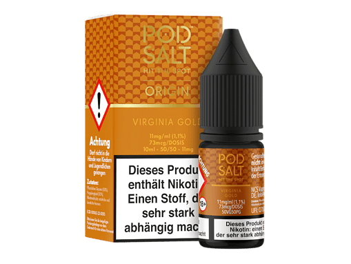 Pod Salt Virginia Gold Nikotin E-Liquid, 10ml Flasche, 11mg/ml, 73mg Dosis, für intensive Dampferlebnisse.